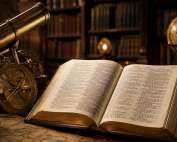 An open Bible alongside classical instruments of discovery, like a vintage brass telescope. set inside a classic library with wooden bookshelves in the background.